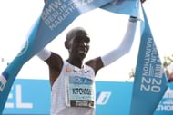 Eliud Kipchoge celebrates winning the 2022 BMW Berlin-Marathon in a new Word Record Time of 2:01:09 in Berlin, Germany.